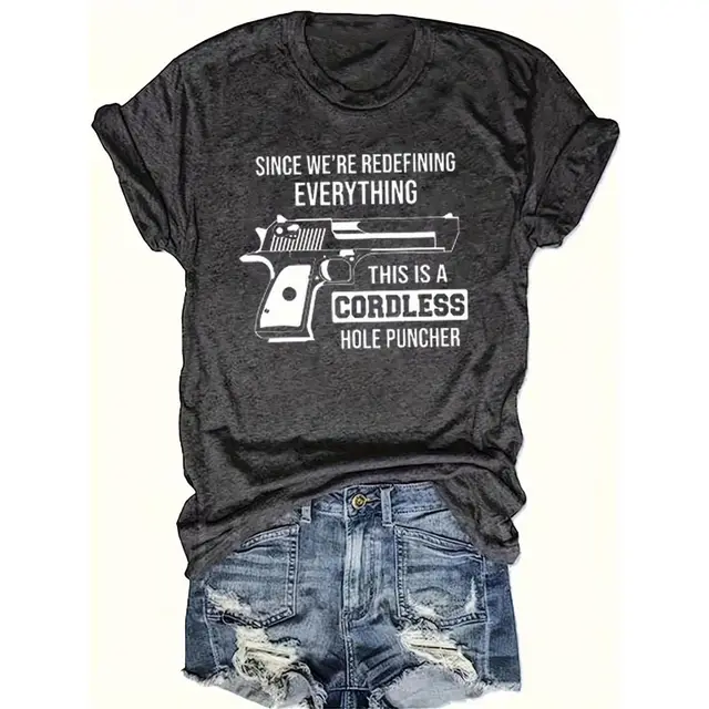 Women's Casual Crew Neck T Shirt With Guns And Letters Graphic Print Short Sleeve Summer Top Gray - Shop at LoveMi