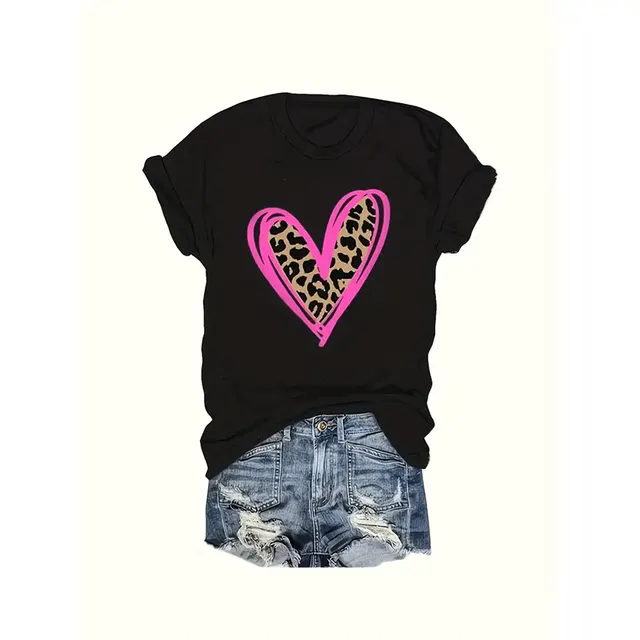 Womens Leopard Heart Graphic T Shirts Summer Short Sleeve Crew Neck Tee Fashion Casual Loose Basic Tops Black - Shop at LoveMi
