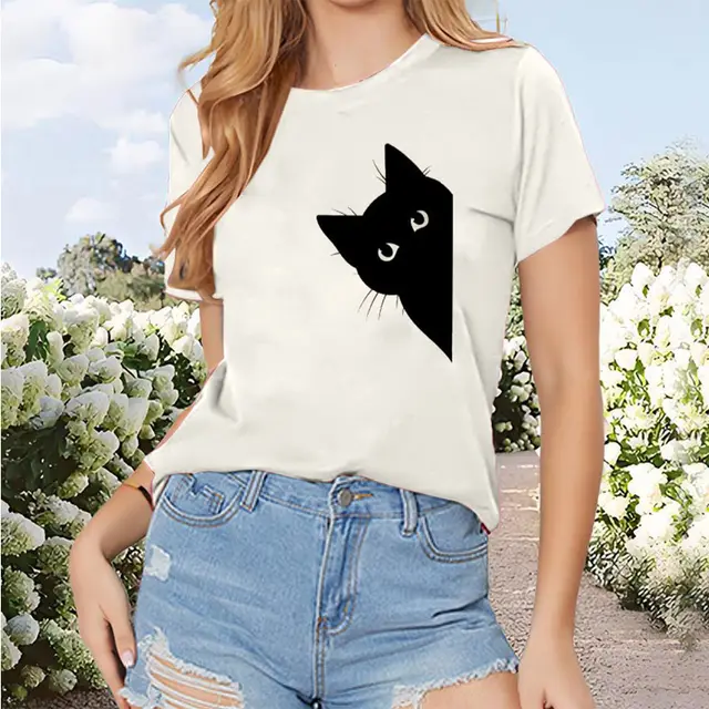 Women's Black Cat Print Round Neck T Shirt Cute Casual Short Sleeve Summer Top White - Shop at LoveMi