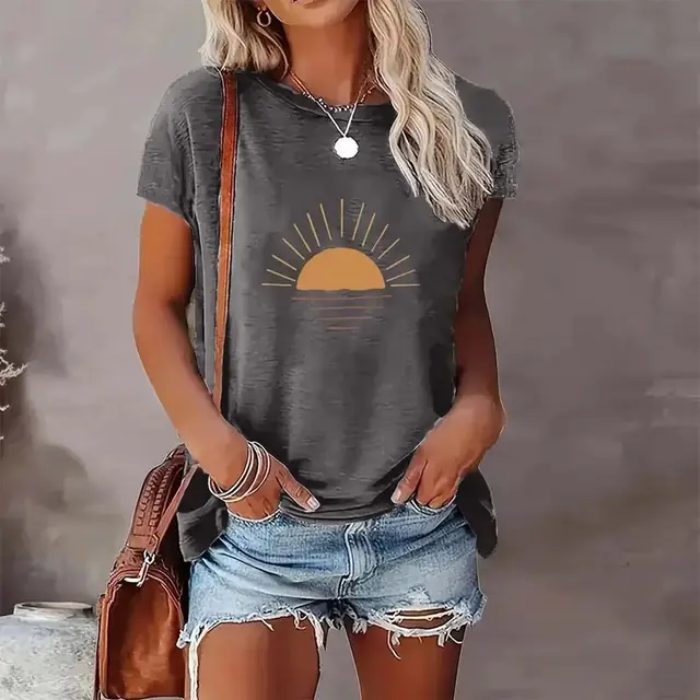 Women's Sunrise Print Round Neck T Shirt Casual Short Sleeve Summer Top Light Gray - Shop at LoveMi