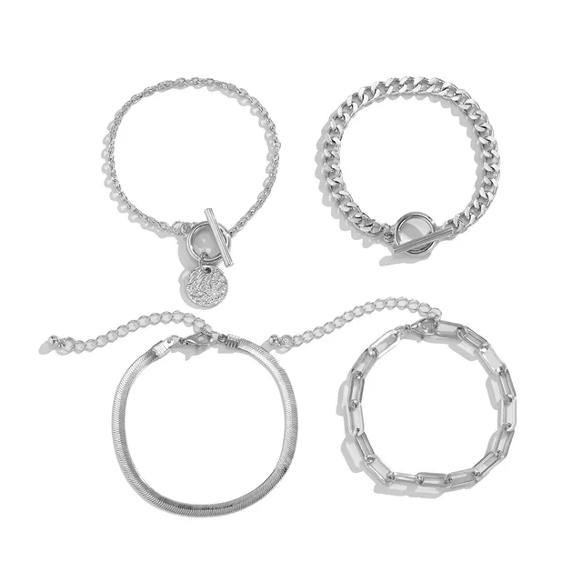 Punk Metal Chain Bracelet 4 Piece Set Hollow Geometric Flat Snake Bone Cuff Edgy Hip Hop Jewelry In Gold & Silver Silver - Shop at LoveMi