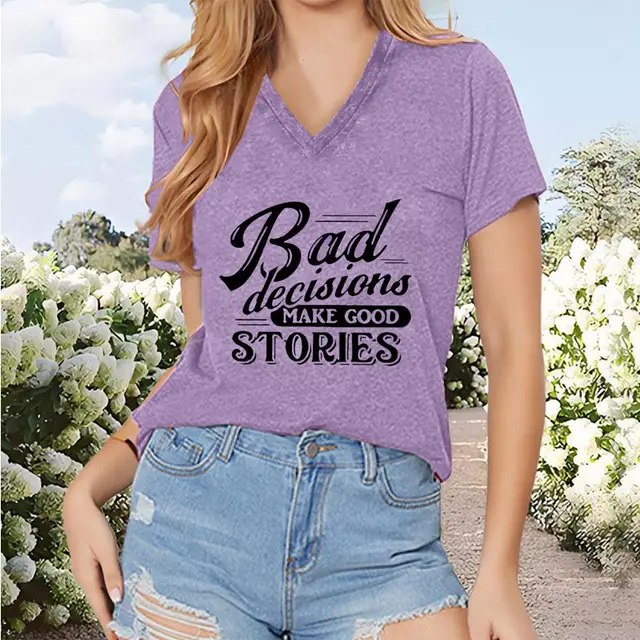 Women's V Neck Street Style T Shirt Trendy Slogan Print Summer Casual Short Sleeve Top Purple - Shop at LoveMi