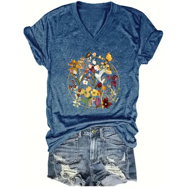 Women's V Neck Short Sleeve T Shirt Colorful Floral Print Summer Casual Blouse Blue - Shop at LoveMi