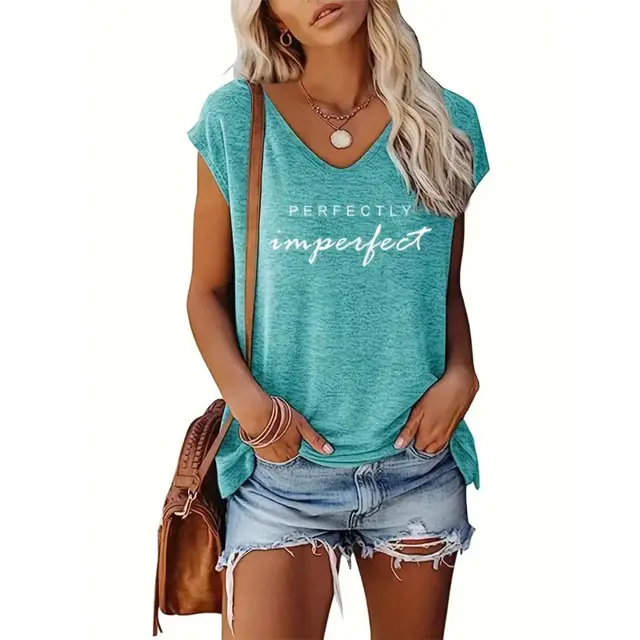 Women's V Neck Basic Short Sleeve Tee English Slogan Print Summer Casual Top Green - Shop at LoveMi