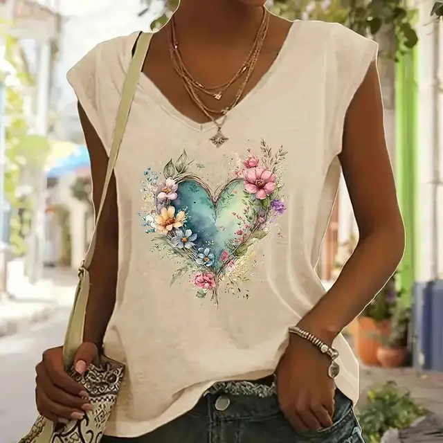 Women's V Neck Short Sleeve T Shirt Floral Heart Print Summer Casual Top Beige - Shop at LoveMi