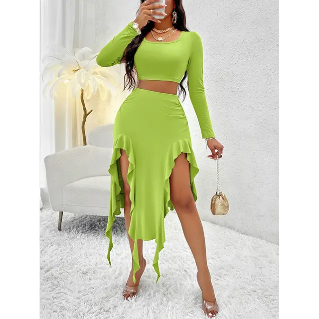 Women Summer Skirt Sets Long Sleeve Square Neck Crop Top Ruffle Trim Irregular Split Sexy Club Party Skirt Outfits Green - Shop at LoveMi