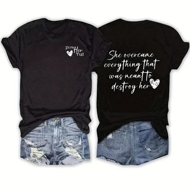 Women's Slogan & Heart Print Round Neck Tee Casual Summer Essential Black - Shop at LoveMi