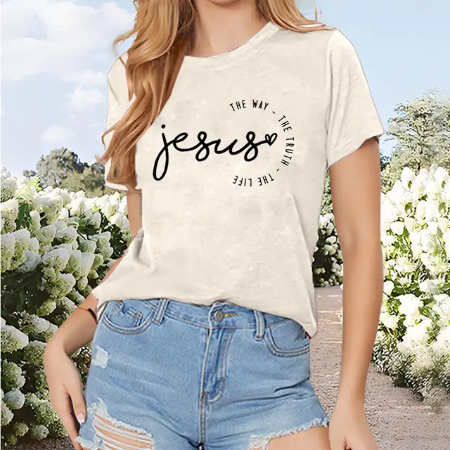 Women's Letter Print Short Sleeve T Shirt Casual Round Neck Summer Top Beige - Shop at LoveMi