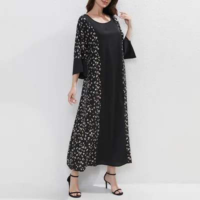 Women's Plus Size Floral Print Tunic Dress With Belt, Middle Eastern Style Muslim Long Dress Black - Shop at LoveMi