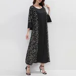 Women's Plus Size Floral Print Tunic Dress With Belt, Middle Eastern Style Muslim Long Dress - Black