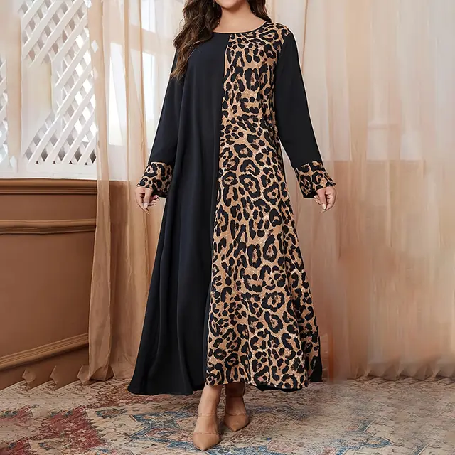Womens Leopard Print Maxi Dresses Color Block Long Sleeve Dress Casual Summer Dresses Black - Shop at LoveMi