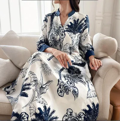 Women's Plus Size Elegant Floral Ink Painting Casual Tunic Dress Notched V Neck Long Sleeve Maxi Dress White - Shop at LoveMi