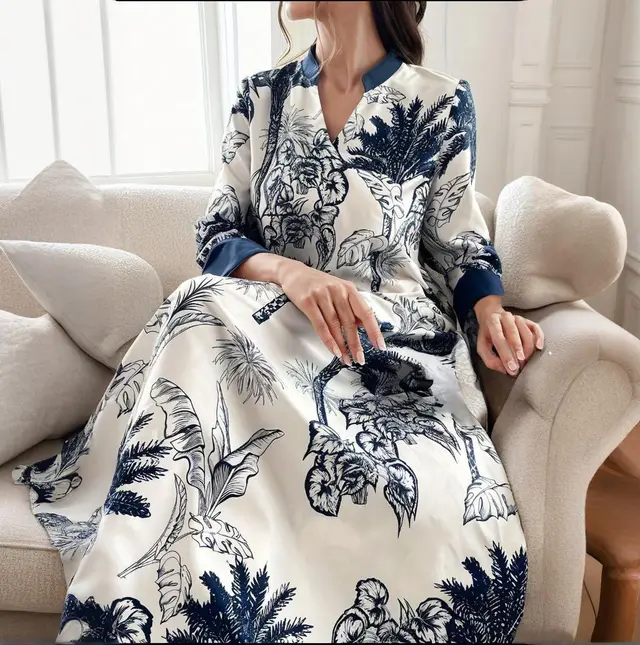 Women's Plus Size Elegant Floral Ink Painting Casual Tunic Dress Notched V Neck Long Sleeve Maxi Dress White - Shop at LoveMi