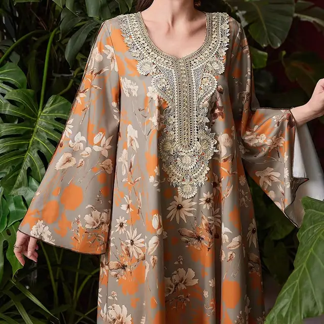 Women's Elegant Plus Size Floral Print Maxi Dress Middle Eastern Bohemian Style Embroidery Long Dress Khaki - Shop at LoveMi