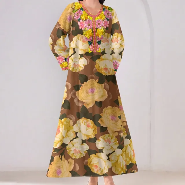 Women's Vibrant Floral Print V Neck Long Sleeve Maxi Dress Elegant Bohemian A Line Long Dress Yellow - Shop at LoveMi