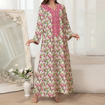 Women's Elegant Pink Floral Print Maxi Dress Vacation Style Long Sleeve A line Flowy Dress Pink - Shop at LoveMi