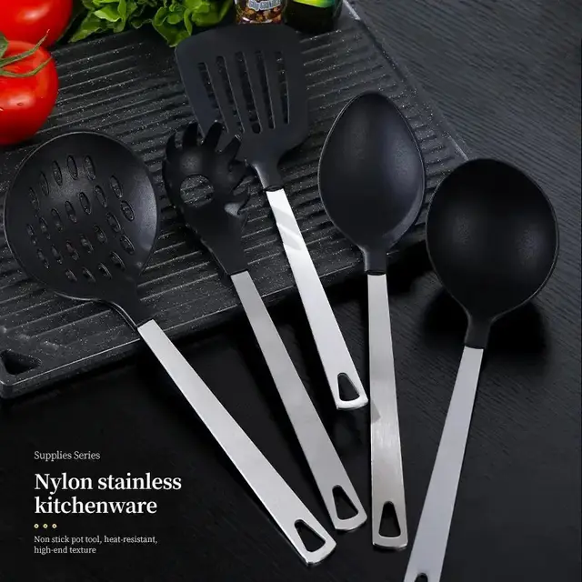 Cooking Utensil Set Premium Kitchen Utensil Set Stainless Steel Handle And Nylon Faucet, Non Stick, Heat Resistant, For Home, Kitchen Gift Black - Shop at LoveMi