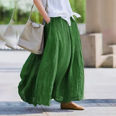 Women Bohemian Beach A Line Dress Elastic Waist Flowy Long Maxi Skirt With Pockets Green - Shop at LoveMi