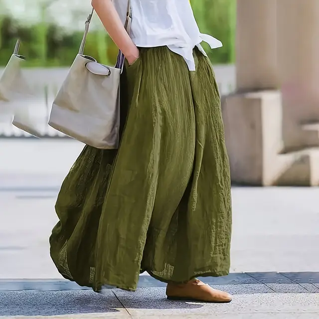 Women Bohemian Beach A Line Dress Elastic Waist Flowy Long Maxi Skirt With Pockets Olive Green - Shop at LoveMi