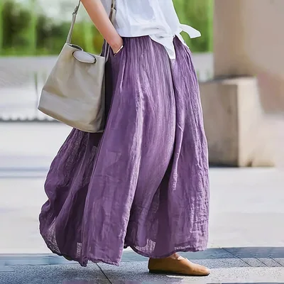 Women Bohemian Beach A Line Dress Elastic Waist Flowy Long Maxi Skirt With Pockets Purple - Shop at LoveMi