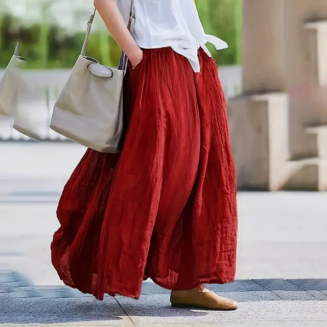 Women Bohemian Beach A Line Dress Elastic Waist Flowy Long Maxi Skirt With Pockets Red - Shop at LoveMi