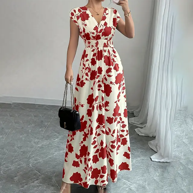 Women's Wrap V Neck Short Sleeve Empire Elastic Waist Summer Casual Elegant Maxi Long Dresses Red - Shop at LoveMi