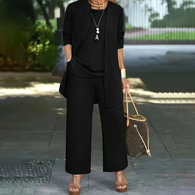 Women's Plus Size Casual 3 Piece Set Open Front Cardigan Sleeveless Vest Pants Solid Color Lounge Set Black - Shop at LoveMi