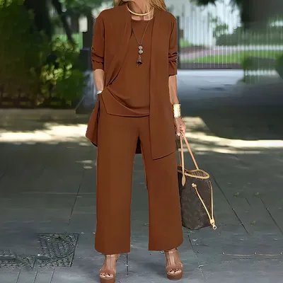 Women's Plus Size Casual 3 Piece Set Open Front Cardigan Sleeveless Vest Pants Solid Color Lounge Set Brown - Shop at LoveMi