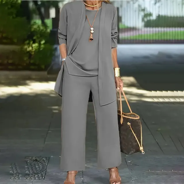 Women's Plus Size Casual 3 Piece Set Open Front Cardigan Sleeveless Vest Pants Solid Color Lounge Set Gray - Shop at LoveMi