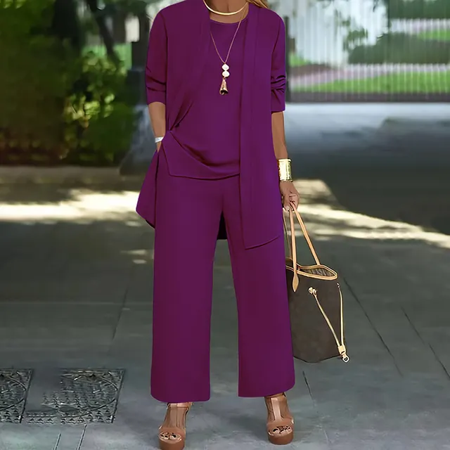 Women's Plus Size Casual 3 Piece Set Open Front Cardigan Sleeveless Vest Pants Solid Color Lounge Set Purple Red - Shop at LoveMi