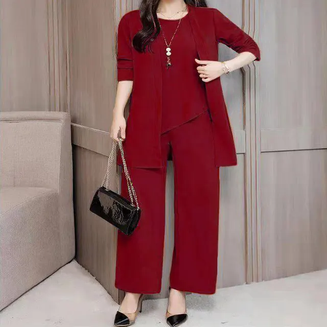 Women's Plus Size Casual 3 Piece Set Open Front Cardigan Sleeveless Vest Pants Solid Color Lounge Set Wine Red - Shop at LoveMi