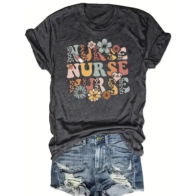Women's Round Neck Short Sleeve T Shirt With Letter & Floral Print, Casual Summer Top Gray - Shop at LoveMi