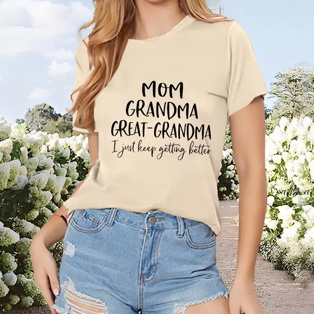 Women's Slogan Print Round Neck Short Sleeve T Shirt, Casual Summer Top Apricot - Shop at LoveMi
