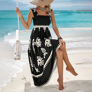 Women's Wide Strap Printed Maxi Dress With Bust Pleats, A-Line Vacation Dress - Black