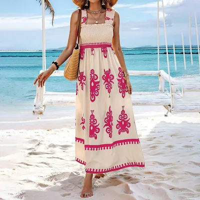Women's Wide Strap Printed Maxi Dress With Bust Pleats, A Line Vacation Dress Rose Red - Shop at LoveMi