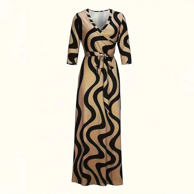 Women's V Neck Elegant Half Sleeve Belted Waist Print Maxi Dress For Spring&Summer Dress Khaki - Shop at LoveMi