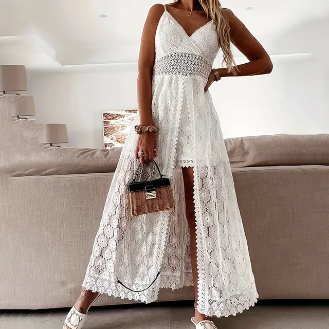 Women's Summer Elegant Lace Jumpsuit V Neck Sleeveless Romper With Intricate Detailing White - Shop at LoveMi