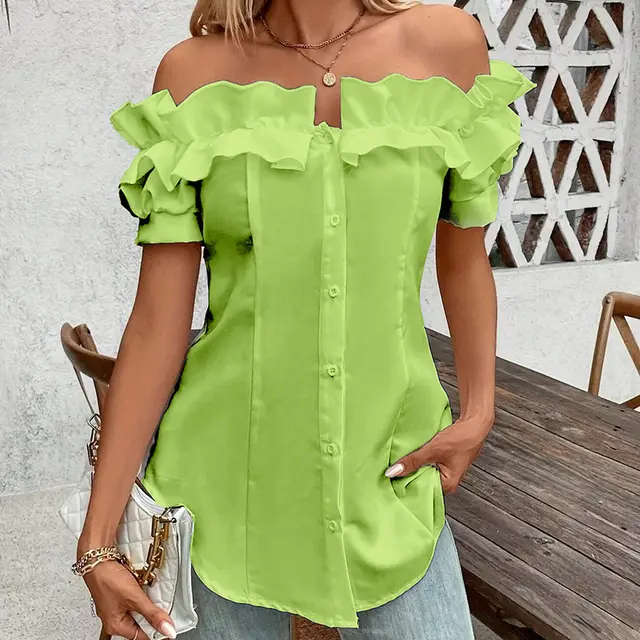Women's Solid Color Off Shoulder Ruffled Blouse Waist Button Down Shirt For Vacation & Daily Wear Grass Green - Shop at LoveMi
