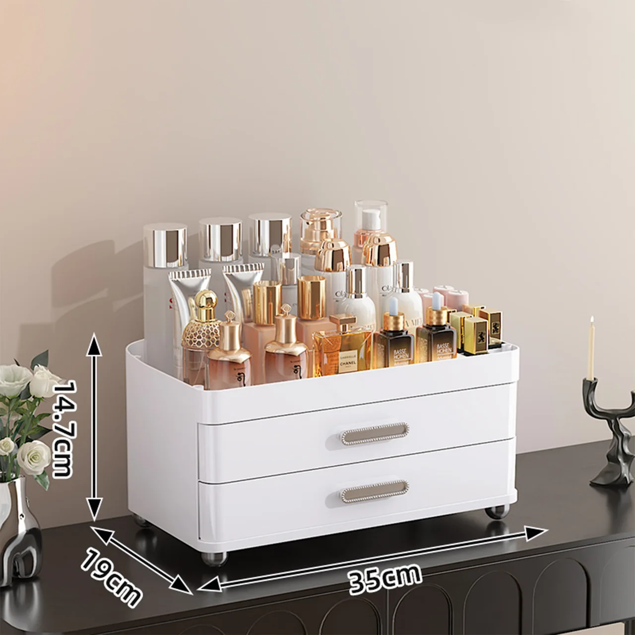 2 Drawers Makeup Organiser - 4 Tier Bathroom Organizers And Storage, Versatile Perfume Vanity Organiser, Ideal For Cosmetic, Large Skincare, Face M...
