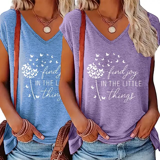 Women's 2 Piece Set V Neck Short Sleeve T Shirt With Sunflower & Letter Print, Casual Summer Tee Blue Purple - Shop at LoveMi