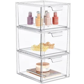 Stackable Clear Bin Plastic Organizer Drawers 2 Or Set Organize Cosmetics And Beauty Supplies On A Vanity