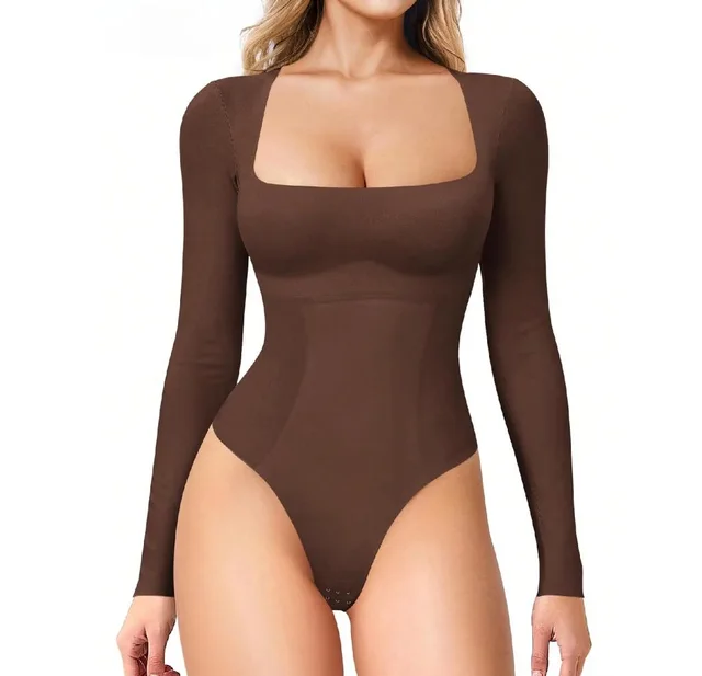 Women's Long Sleeve Square Neck Tummy Shaper Bodysuit Sexy Slimming Elegant Lingerie Brownxl - Shop at LoveMi