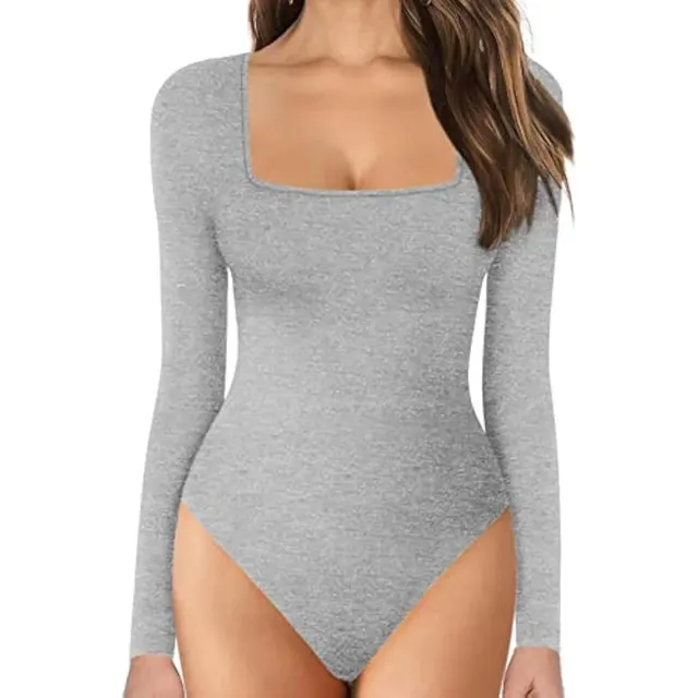 Women's Long Sleeve Square Neck Tummy Shaper Bodysuit Sexy Slimming Elegant Lingerie Grayl - Shop at LoveMi
