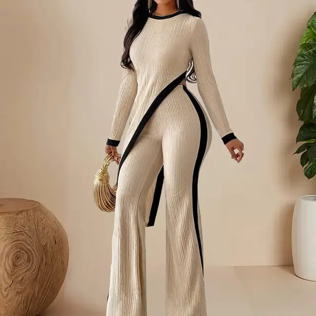 Women's Elegant Round neck Two piece Long sleeved Pants With Decorative Edges For Spring & Fall Apricot - Shop at LoveMi