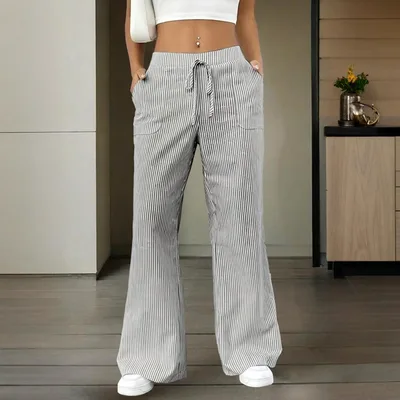 Women's Striped Wide Leg Pants With Pockets & Tie Waist Detail Casual Minimalist Trousers Gray - Shop at LoveMi