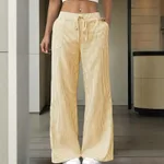 Women's Striped Wide Leg Pants With Pockets & Tie-Waist Detail - Casual Minimalist Trousers - Yellow