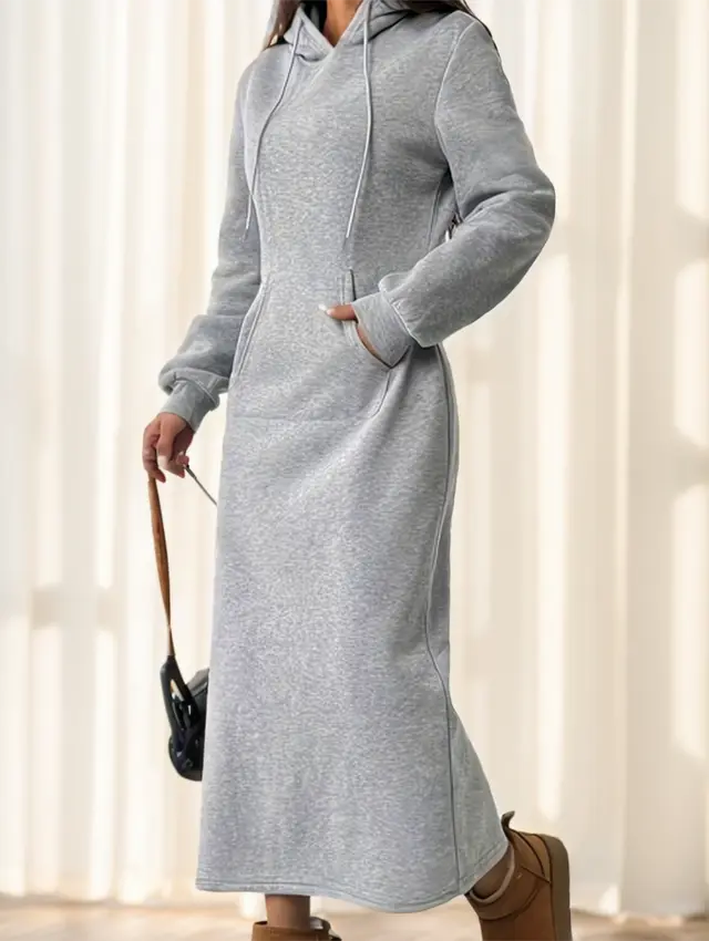 Solid Color Long Sleeved Drawstring Hoodie With Pockets Gray - Shop at LoveMi