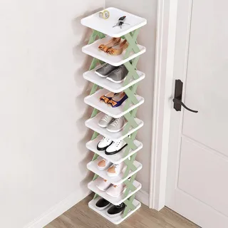 9Tier Narrow Entryway Shoe Rack Plastic Vertical Shoe Organizer Space Saving Free Standing Shoes Storage Shelf Closet Hallway - Green