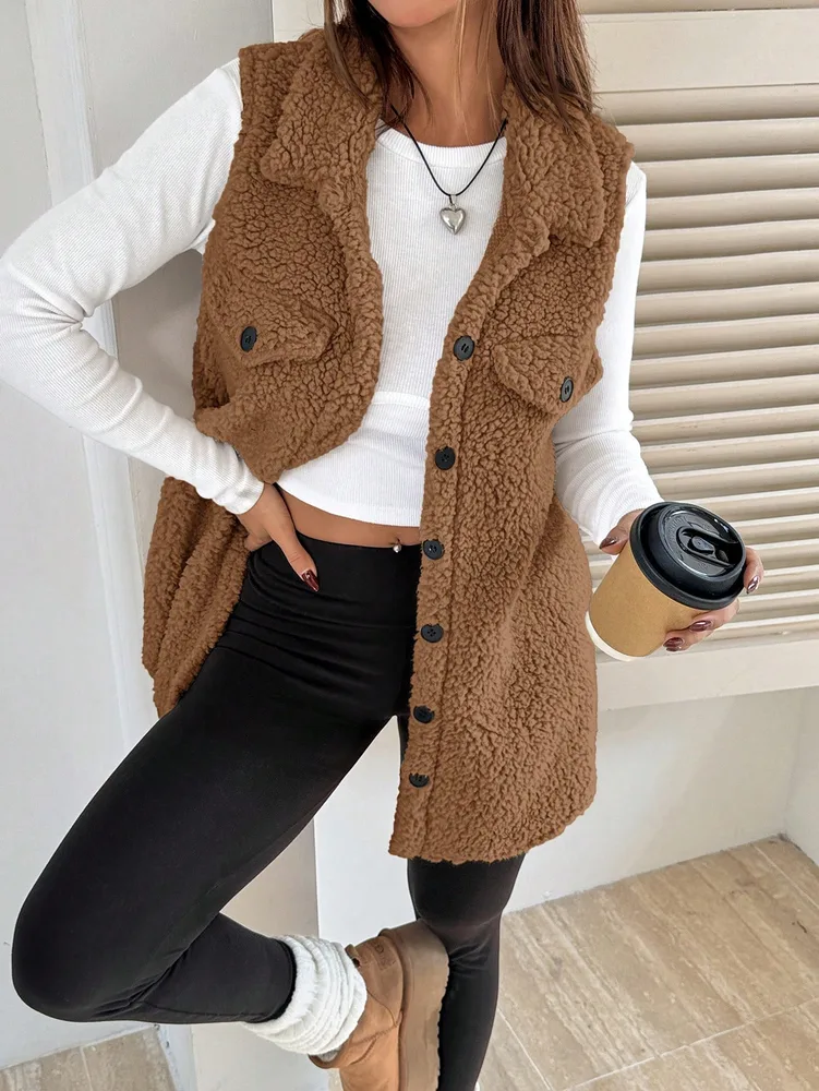 Suitable For Winter Flip Detail Teddy Vest, Simple And Fashionable - Camel