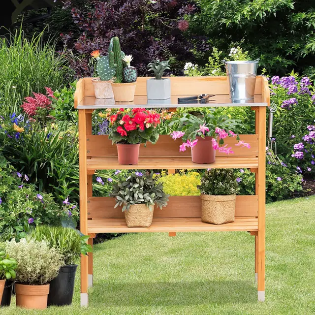 Garden Wooden Potting Bench Work Station With Hook Brown - Shop at LoveMi